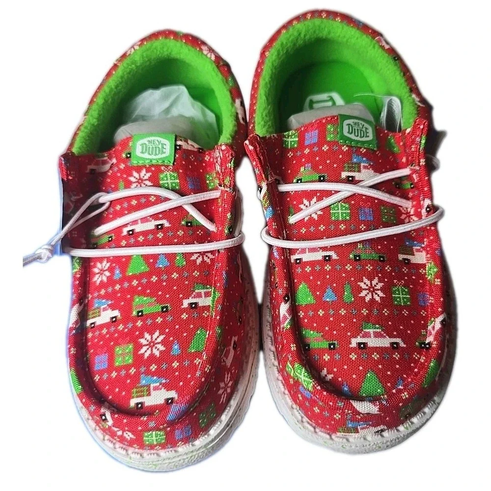 Hey Dude NIB Wally Y Holiday Sweater Red/Green Shoes Youth Size C12 NEW